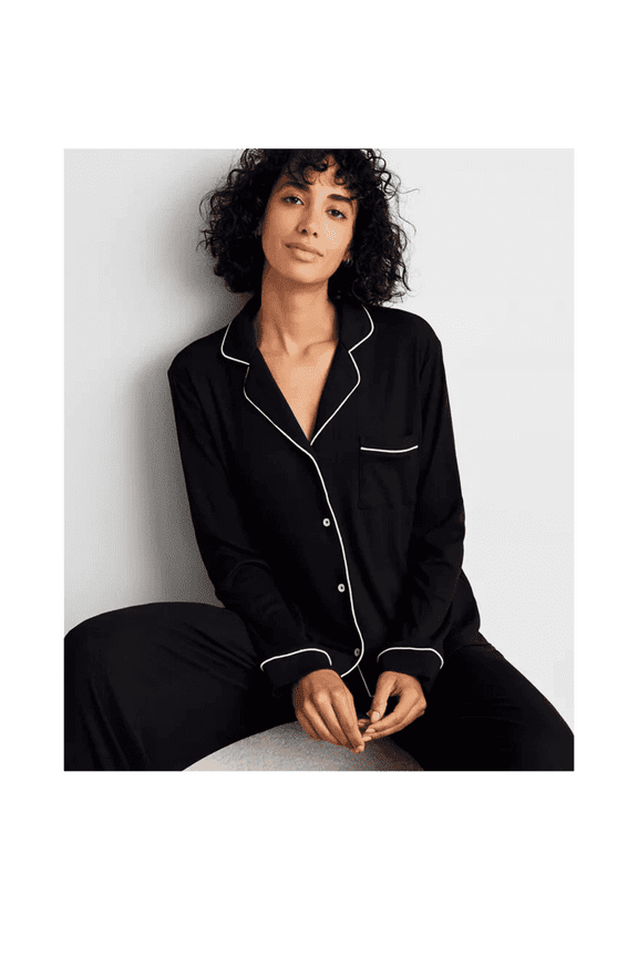 Women's Ribbed Notched-Collar Pajamas Set, Deep Black, Size Large