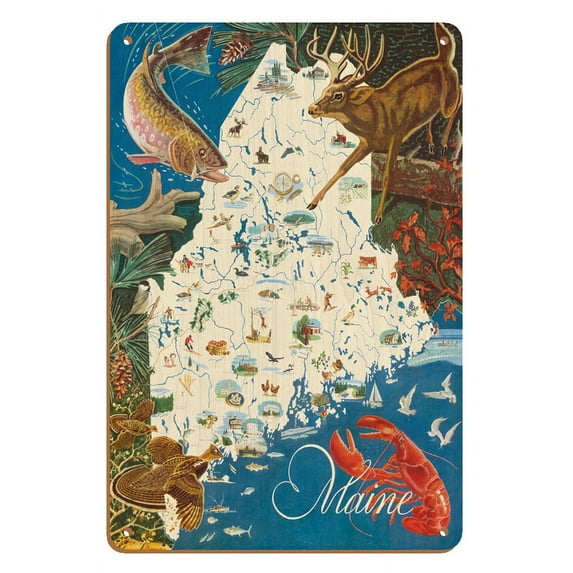 State of Maine Wildlife Map - New England - Vintage Pictorial Map by J.G. Shelley & Louis Koster c.1950s - 8 x 12 inch Vintage Wood Art Sign