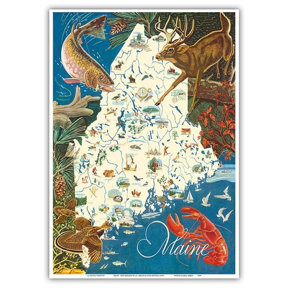 State of Maine Wildlife Map - New England - Vintage Pictorial Map by J.G. Shelley & Louis Koster c.1950s - Master Art Print 10in x 14in