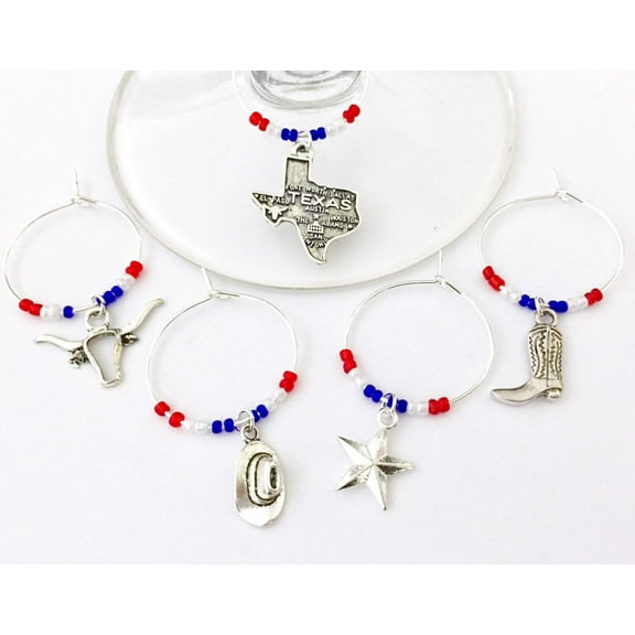 State of Texas themed Wine Charms: gift for your Texan lovers. Set of 5 (State of Texas, Cowboy Hat, Longhorn, Cowboy Boot, & Texas Star)