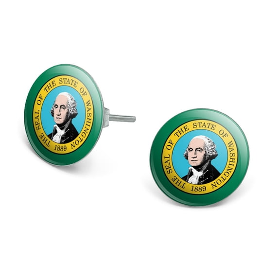 State of Washington Flag Novelty Silver Plated Stud Earrings