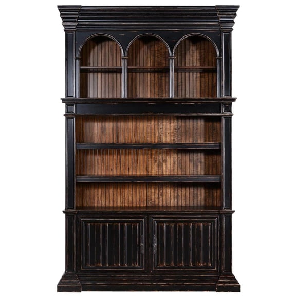 Stately Antiqued Blackwash Cathedral Bookcase