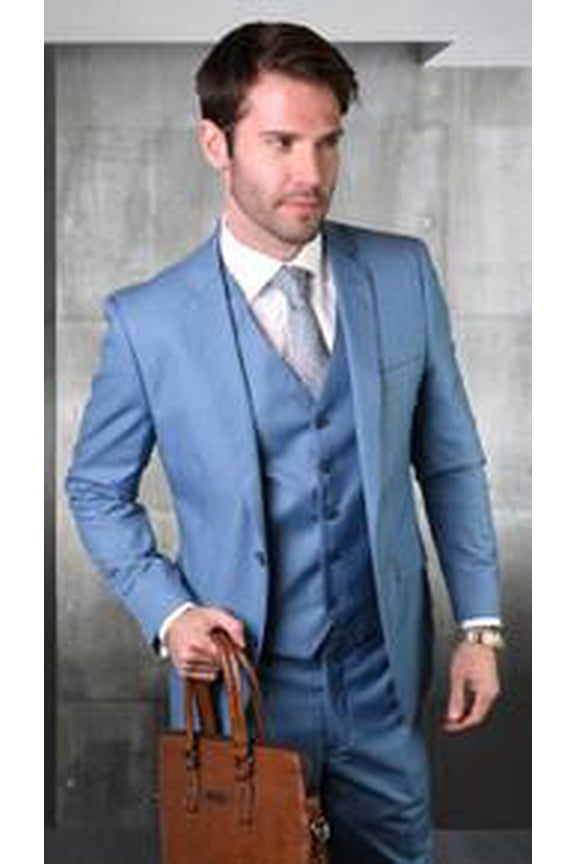 Statement 100% Wool Modern Fit Steel Blue 3 Piece Suit STZV-100