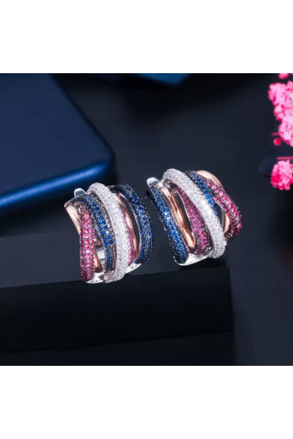 Statement 3 Tone Gold Mix Blue Green Geometry Twist CZ Big Wedding Hoop Earrings