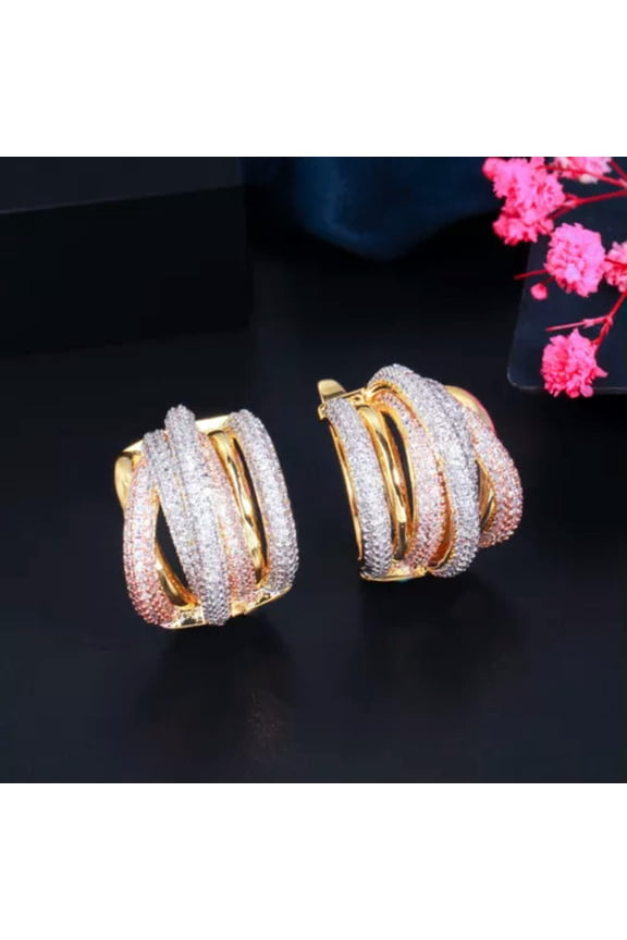 Statement 3 Tone Gold Mix Blue Green Geometry Twist CZ Big Wedding Hoop Earrings