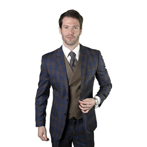 Statement 3pc Navy Plaid Suit, Flat Front Pants, 2 Button Super 150's, Italian Wool Fabric By Alberto Nardoni Brand Designer