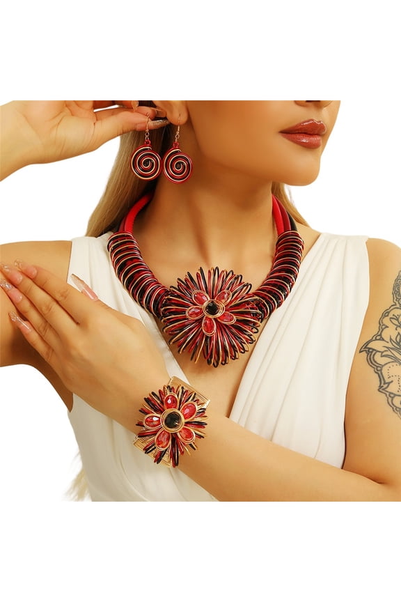 Statement African Aluminum Wire Big Flower Necklace and Earring Bangle Set For Women Tribal Fashion Colorful Big Rhinestone Crystal Pendent Collar Choker Bold Chunky Bib Handmade