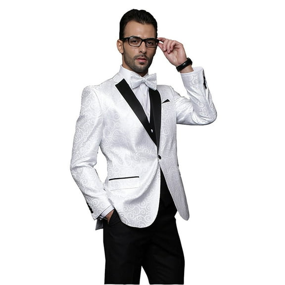 Statement Bellagio Men's Paisely 3 Piece Modern Fit Tuxedo - White - 36R