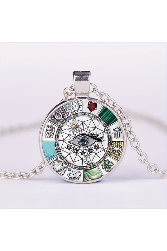 [Statement Cabochon Pendant Necklace] Round Pendant Necklace Lucky Charm Motif Time Stone Necklace Statement Glass Cabochon Necklace,1