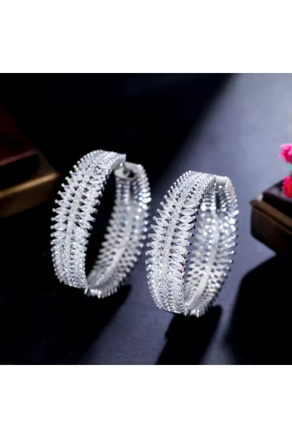 Statement Chunky CZ Silver Plated Round Big Wide Wedding Hoop Earrings for Women