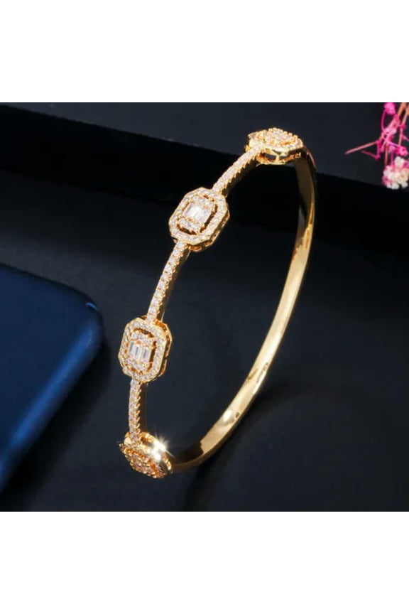 Statement Cubic Zircon Stackable Yellow Gold Open Cuff Bangle for Bridal Wedding