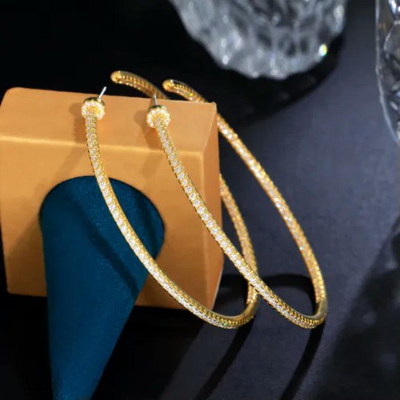 Statement Cubic Zircon Yellow Gold Plated Large Loop Earring Luxury Fashion Gift