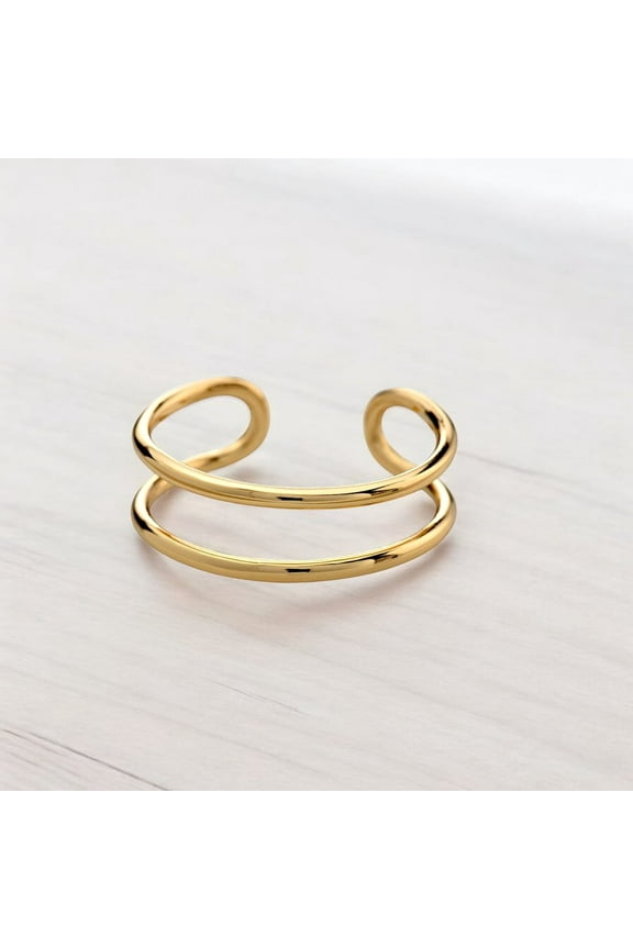 Statement Double Band Adjustable Ring – Elegant Open Cuff Ring in Sterling Silver & Gold Vermeil, Minimalist Women’s Jewelry Ring Size- 9