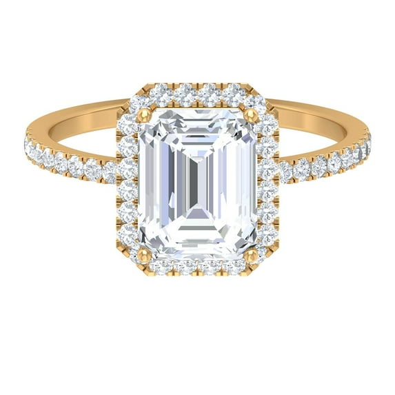 Statement Emerald Cut Moissanite Halo Engagement Ring - 7X9 mm (3.75 CT), 14K Yellow Gold, US 10.00