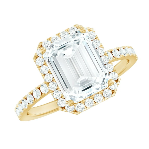 Rosec Jewels Certified Moissanite Emerald Cut Engagement Ring with Halo - 2 Carat Moissanite Ring - 7X9 mm, D-VS1 Quality, 18K Yellow Gold, US 3.00