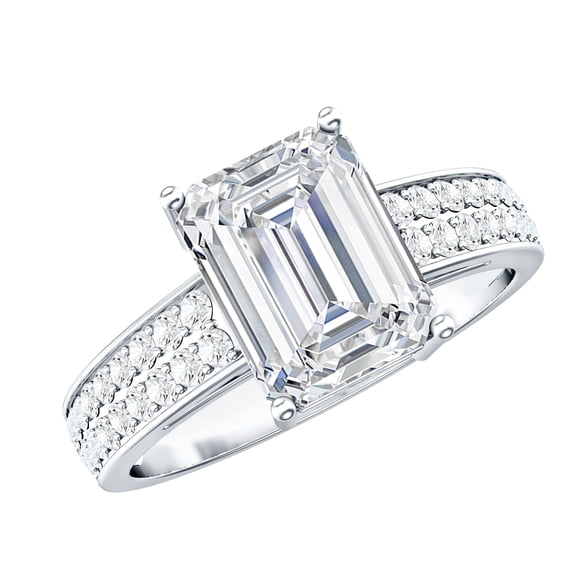 Rosec Jewels Moissanite Emerald Cut Engagement Ring with Side Stones - 7X9 mm - 2 Carat Ring - D-VS1 Quality Certified, 10K White Gold, US 8.50