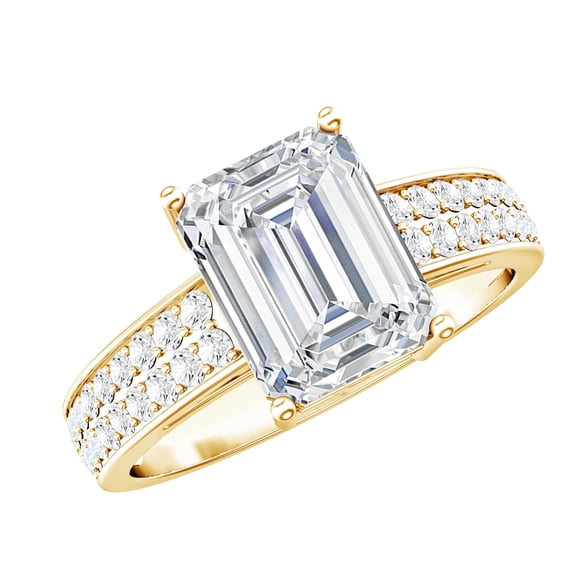 Rosec Jewels Moissanite Emerald Cut Engagement Ring with Side Stones - 7X9 mm - 2 Carat Ring - D-VS1 Quality Certified, 10K Yellow Gold, US 7.00