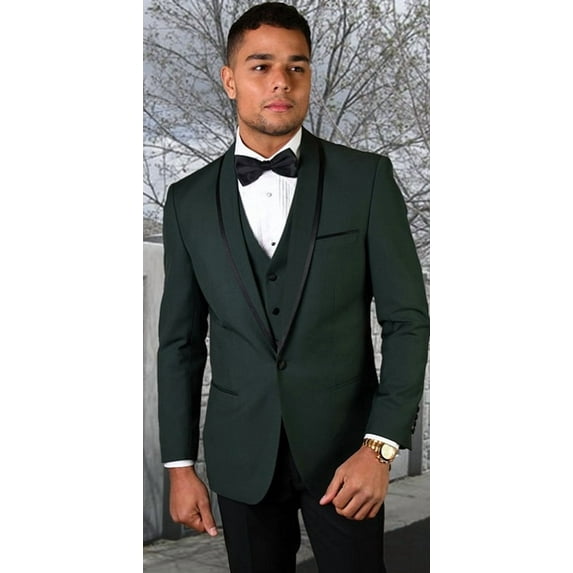 Statement Hunter Green Young Mens Modern Fit Wool Tuxedo Tux Genova