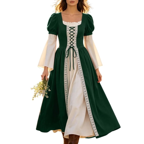 Halloween Court Dress for Women Court Gothic Vintage Long Sleeve Lace Trim Edge Tie Lace up Halloween Corset Fitted Waist Flowy Maxi Party Masquerade Festival Theatre