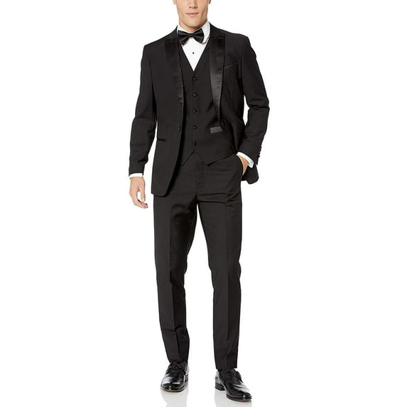 Statement Men's Tux-PK Single Breasted Three Piece Peak Lapel Tuxedo - Black - 52R