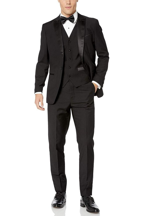 Statement Men's Tux-PK Single Breasted Three Piece Peak Lapel Tuxedo - Black - 54R