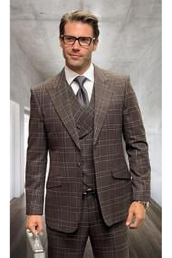 Statement Men's Wool Plaid Fashion Suit Brown 3 Piece Monari