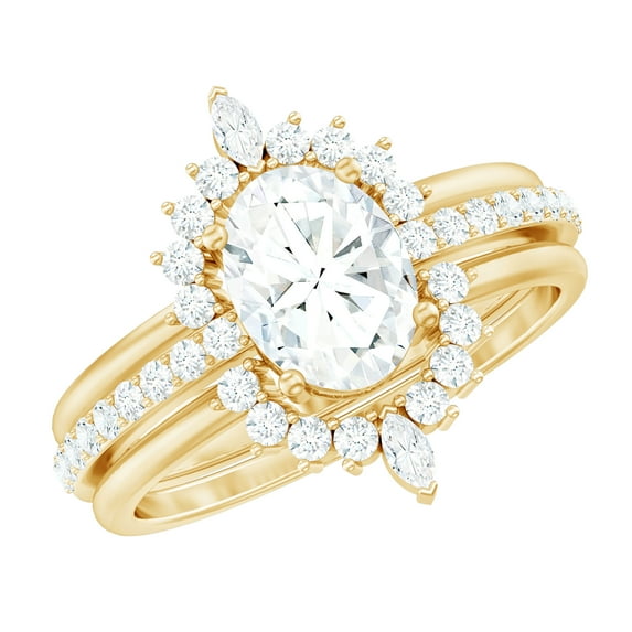 Rosec Jewels Statement Moissanite Bridal Ring Set for Women - 6x8 mm - 1 Ct - D-VS1 Quality, 14K Yellow Gold, US 8.00