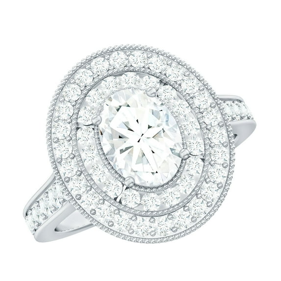 Rosec Jewels Certified Moissanite Oval Engagement Ring 1 Ct - 6X8 mm - Double Halo Statement Ring - D-VS1 Grade, 10K White Gold, US 7.50