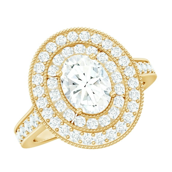 Rosec Jewels Certified Moissanite Oval Engagement Ring 1 Ct - 6X8 mm - Double Halo Statement Ring - D-VS1 Grade, 18K Yellow Gold, US 7.50
