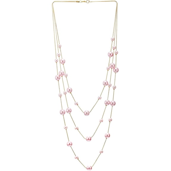 Statement Necklace Three-Strand Long Chains With Synthetic Pearl Beads, Elegant, Dress[o191]