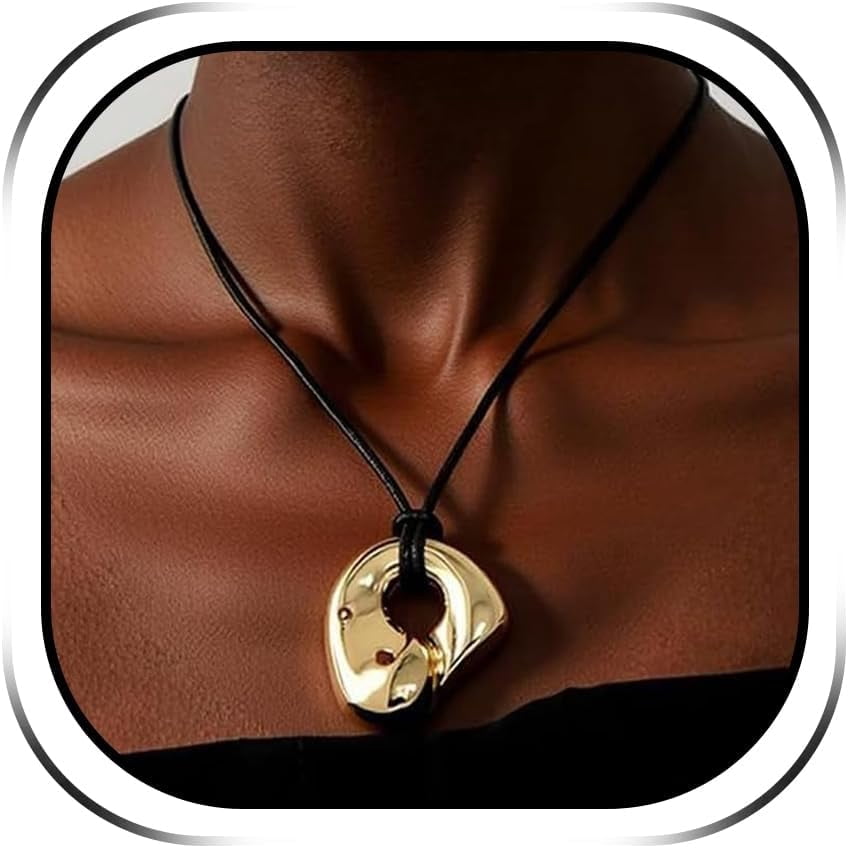 Statement Necklace for Women Chunky Gold Pendant Necklace Long Pebble Charm Leather Adjustable Black Cord Vintage Boho Western Bean Birthday Christmas Jewelry Gifts[c7997]