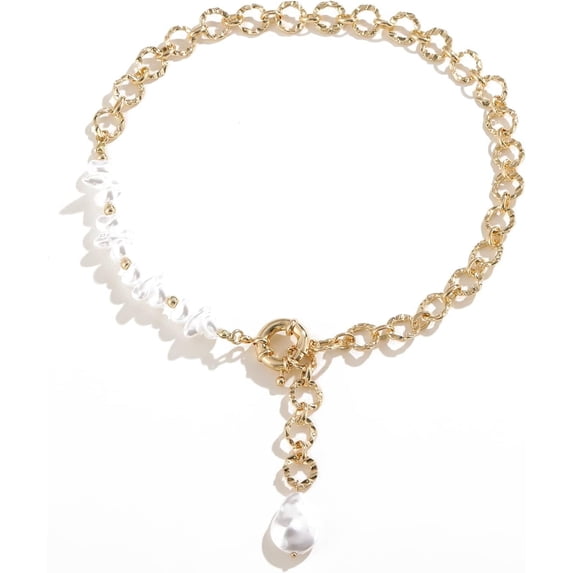 Statement Pearl and Chain Necklace Mixed Chain and Trendy Pearl Choker Organic Pears Heart Pendant Layering Necklace