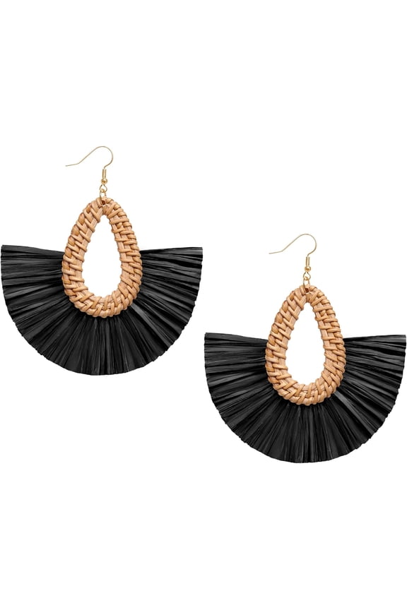 Statement Raffia Tassel Earrings Boho Summer Beach Earrings Lightweight Straw Wicker Dangle Drop Earrings Trendy Rattan Fringe Jewelry For Women[Z7443]