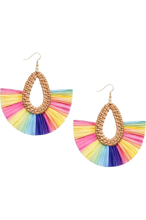 Statement Raffia Tassel Earrings Boho Summer Beach Earrings Lightweight Straw Wicker Dangle Drop Earrings Trendy Rattan Fringe Jewelry For Women[Z7447]