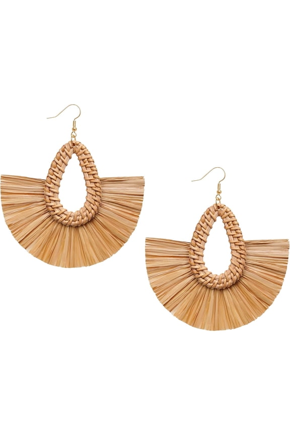 Statement Raffia Tassel Earrings Boho Summer Beach Earrings Lightweight Straw Wicker Dangle Drop Earrings Trendy Rattan Fringe Jewelry For Women[Z7451]