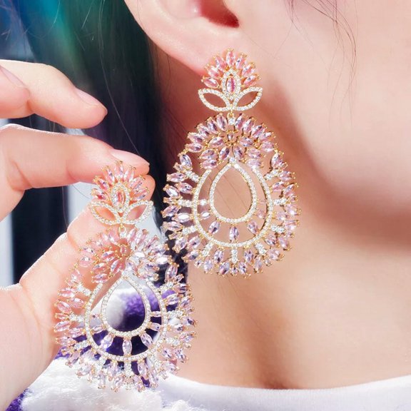Statement Rose Pink Yellow Gold Cubic Zirconia Big Long Drop Earrings for Women
