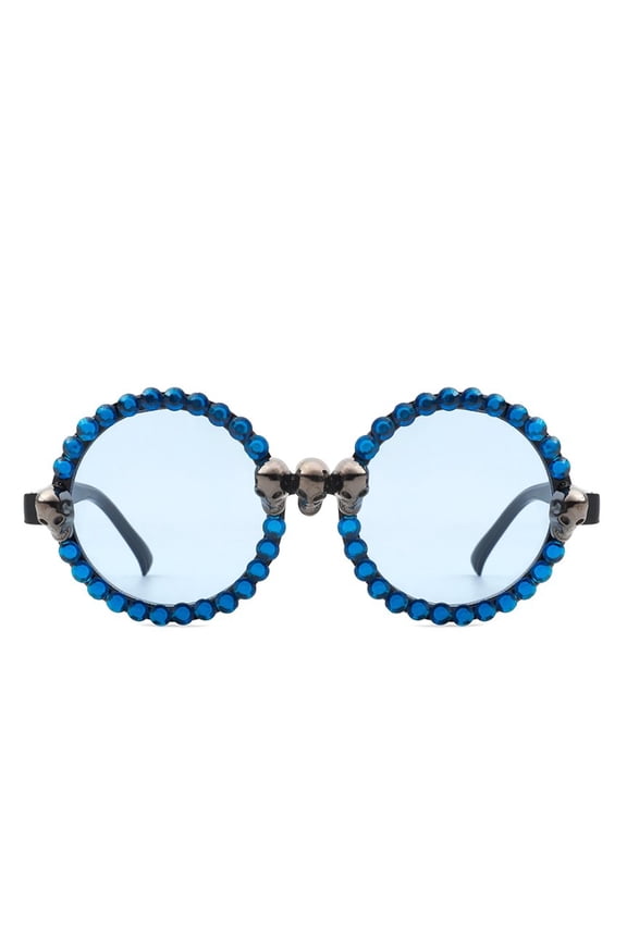 Statement Round Sunglasses for Women, Edgy Fashion Style Skull & Blue Rhinestone Accent Eyewear