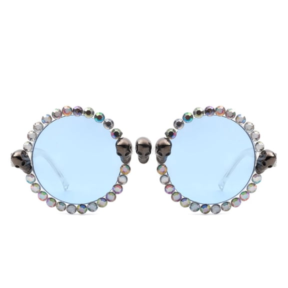 Statement Round Sunglasses for Women, Edgy Fashion Style Skull & Multi-Color Rhinestone Accent Light Blue Lens Eyewear