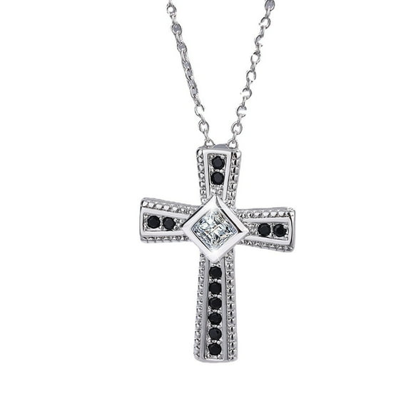 Statement Siderways Cross Pendant Necklace Fine Sterling Silver 5A White and Black Cubic Zircon Stone Paved Jewellery