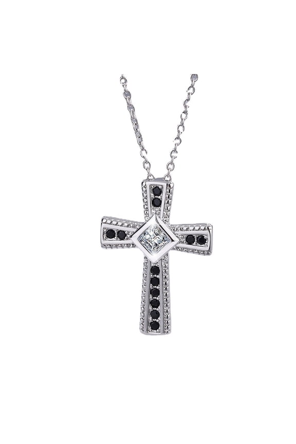 Statement Siderways Cross Pendant Necklace Fine Sterling Silver 5A White and Black Cubic Zircon Stone Paved Jewellery