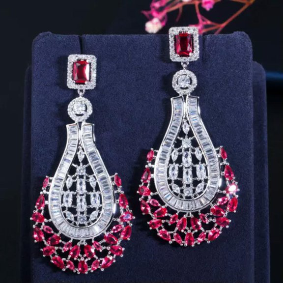 Statement Silver Plated Rose Red Cubic Zirconia Long Sqaure Drop Cluster Earring