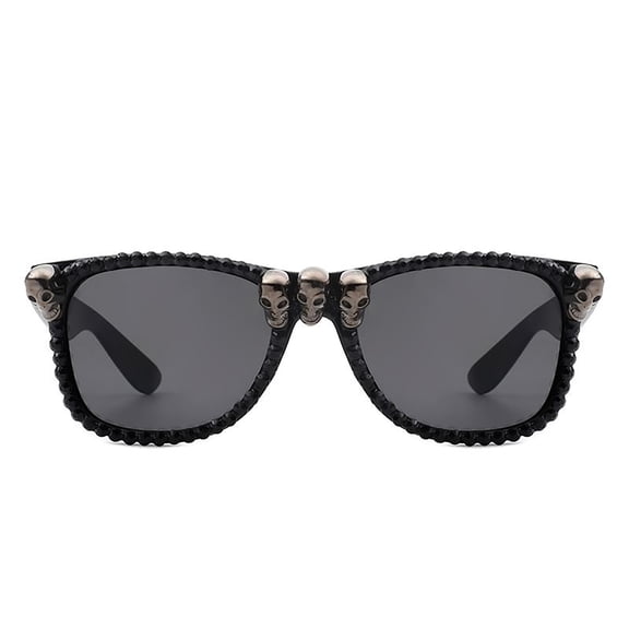 Statement Square Sunglasses for Men & Women, Edgy Fashion Style Skull & Black Bead Accent Dark Gray Lens Eyewear