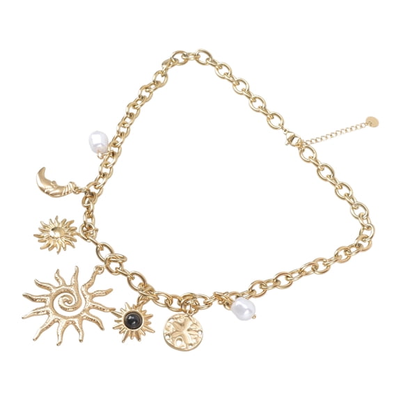 Statement Sun and Moon Charm Necklace Gold Tone Chain Adjustable Length Neckchain Stainless Steel Fashion Jewelry