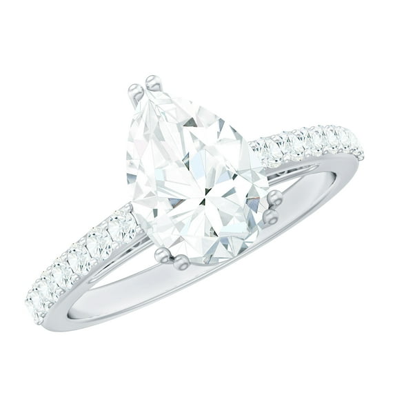 Rosec Jewels Statement Teardrop Moissanite Engagement Ring with Side Stones - 2 Ct - 7x10 mm, 14K White Gold, US 8.50
