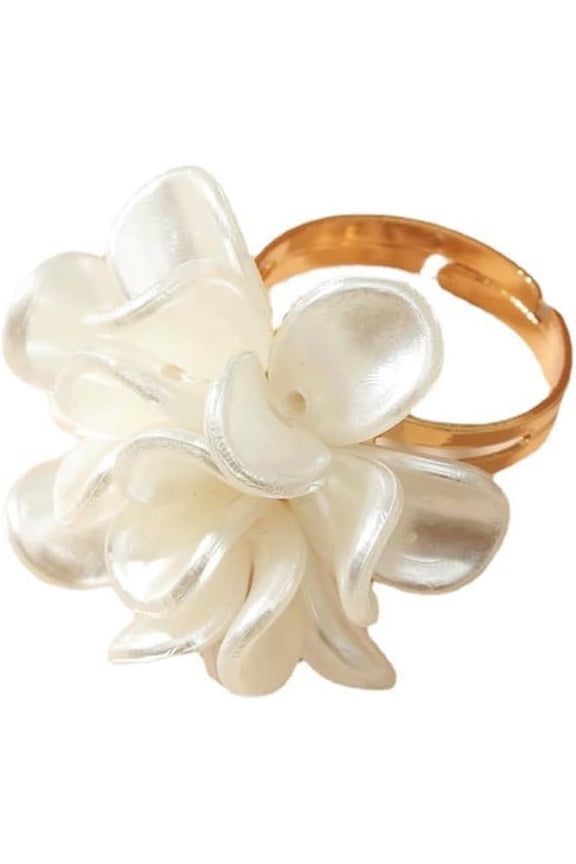 Statement Vintage White Pearl Shell Flower Gold Ring for Women Adjustable, Dainty Cute Floral Petal Camellia Open Rings Charm Party Holiday Jewelry Gift