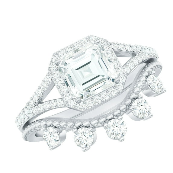 Rosec Jewels Moissanite Wedding Ring Set for Women - Vintage Inspired Engagement Ring with Curved Band - D-VS1 Quality, 14K White Gold, US 11.50