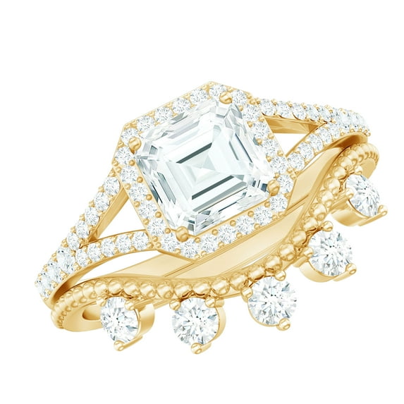 Rosec Jewels Moissanite Wedding Ring Set for Women - Vintage Inspired Engagement Ring with Curved Band - D-VS1 Quality, 18K Yellow Gold, US 4.50