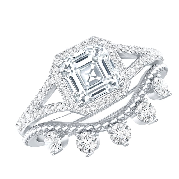 Rosec Jewels Moissanite Wedding Ring Set for Women - Vintage Inspired Engagement Ring with Curved Band - D-VS1 Quality, 925 Sterling Silver, US 4.00