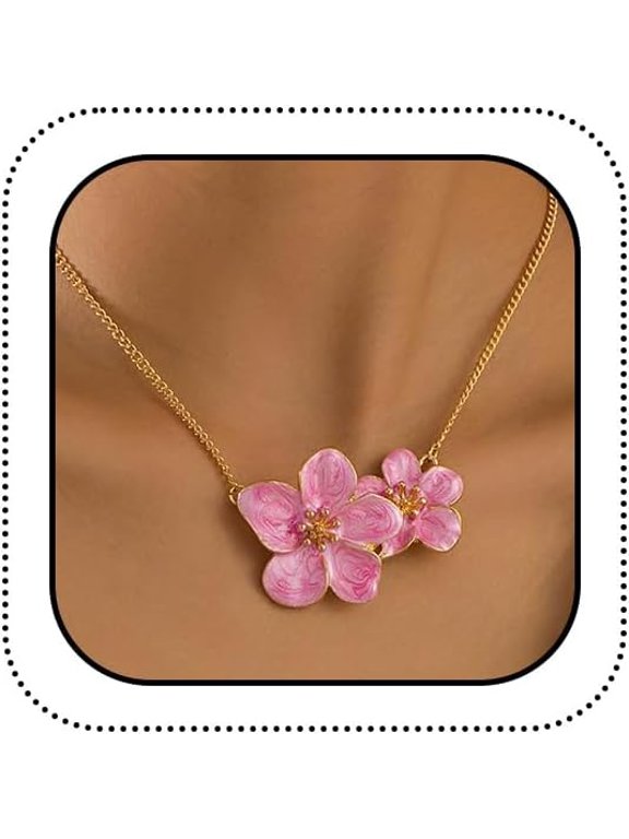 Statement White Enamel Flower Pendant Neckalces for Women Trendy, Dainty Red Green Metal Floral Flowers Necklace Gold Chain Cute Jewelry Gift Accessories