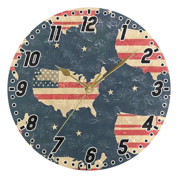 States Shape Us Flag Round Wall Clock Battery Operated Silent Non-Ticking Bedroom Office Kitchen Home School Decor 10"(Gold)